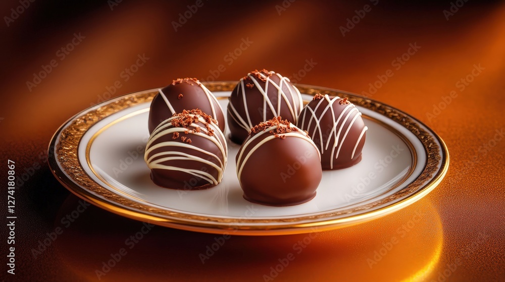 Decadent chocolate truffles beautifully arranged on an elegant plate, showcasing intricate white chocolate drizzles against a rich brown backdrop. Decadent chocolate truffles beautifully arranged on an elegant plate, showcasing intricate white chocolate drizzles against a rich brown backdrop.