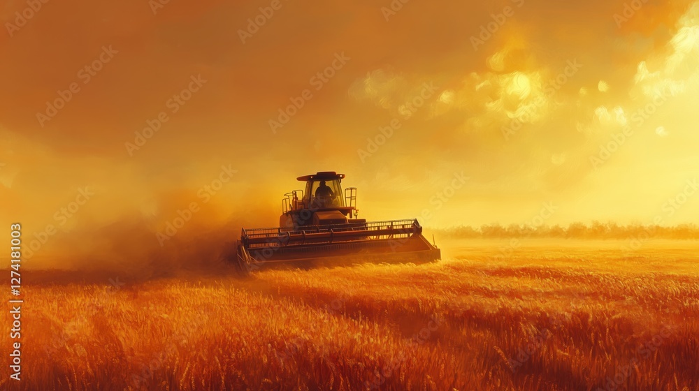 Fototapeta premium Combine harvester working in wheat field at sunset, dramatic lighting and harvest in progress