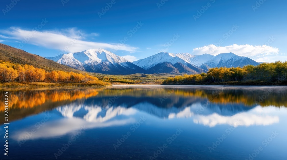 A serene landscape featuring majestic mountains reflected in a crystal-clear lake, surrounded by vibrant autumn foliage under a brilliant blue sky.