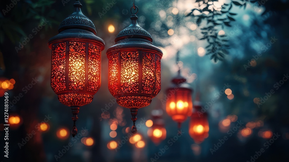 Obraz premium Enchanted Ramadan Night: Glowing Lanterns in a Mystical Garden