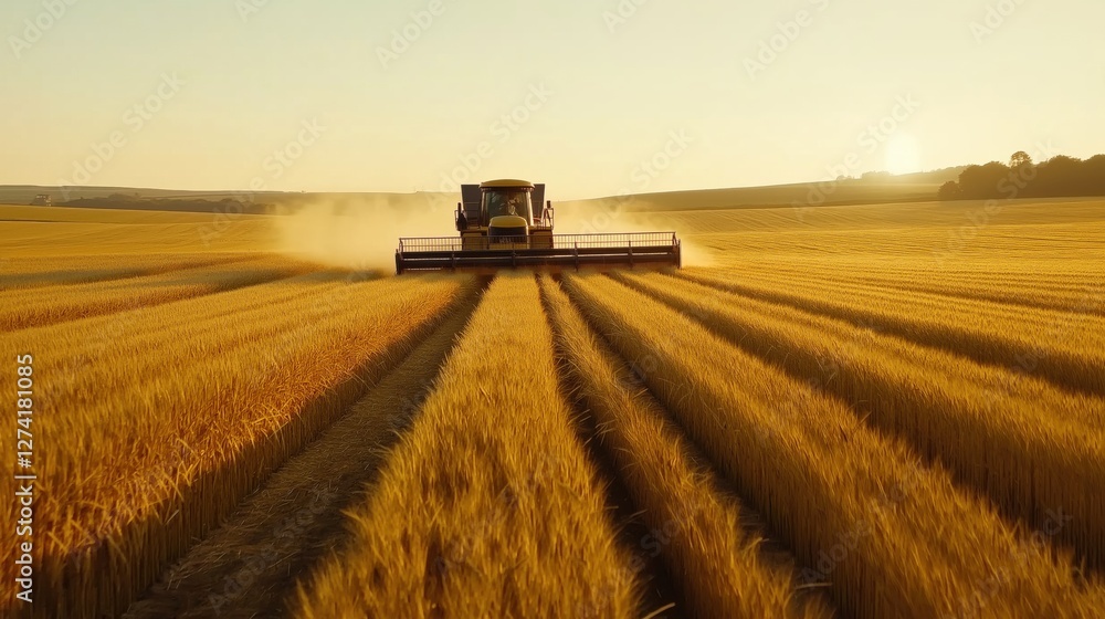 Fototapeta premium Combine harvester working in wheat field during sunset, cutting crops in evening light