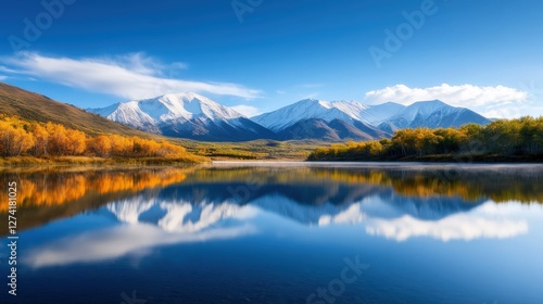 A serene landscape featuring majestic mountains reflected in a crystal-clear lake, surrounded by vibrant autumn foliage under a brilliant blue sky.