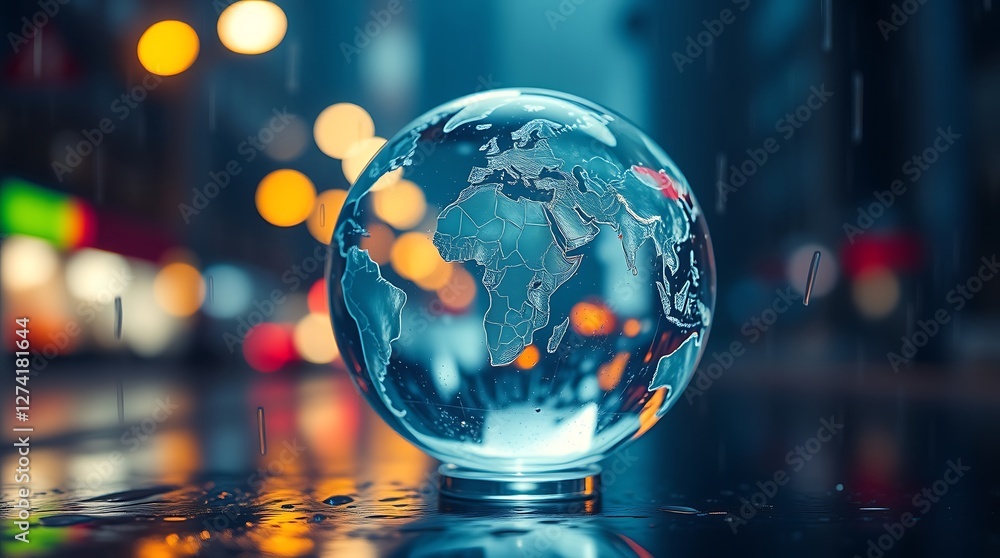 Crystal World Map Globe Encased in Glass with a Blurred Bokeh Effect on a High-Tech Background Representing Global Connectivity and Innovation Crystal World Map Globe Encased in Glass with a Blurred Bokeh Effect on a High-Tech Background Representing Global Connectivity and Innovation