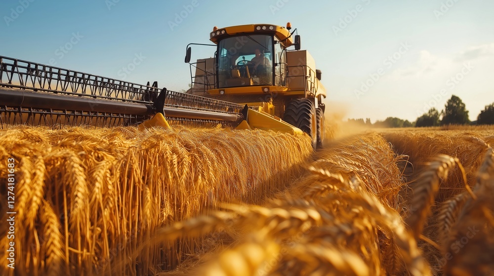 Fototapeta premium Combine harvester operating in wheat field under clear sky, harvesting crops efficiently