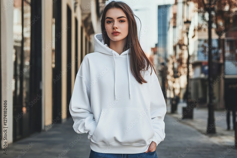 Obraz premium blank white hoodie mock up, woman wearing streetwear style clothing. The hoodie she is wearing is a blank white hoodie sweater. with urban setting background 