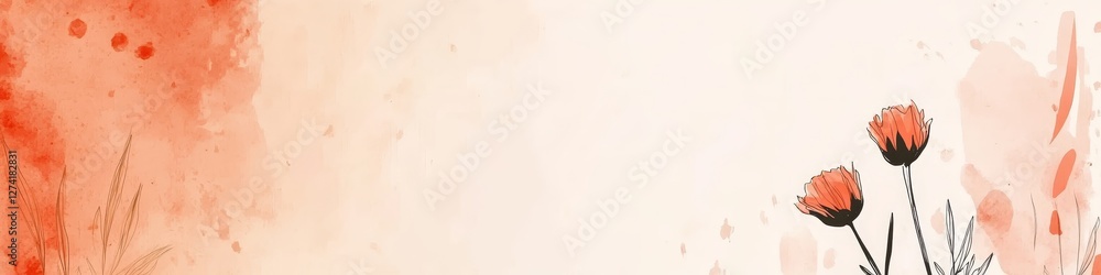 Fototapeta premium Gentle Coral Watercolor Wash with Delicate Cosmos Flowers, Banner Background with Copy Space
