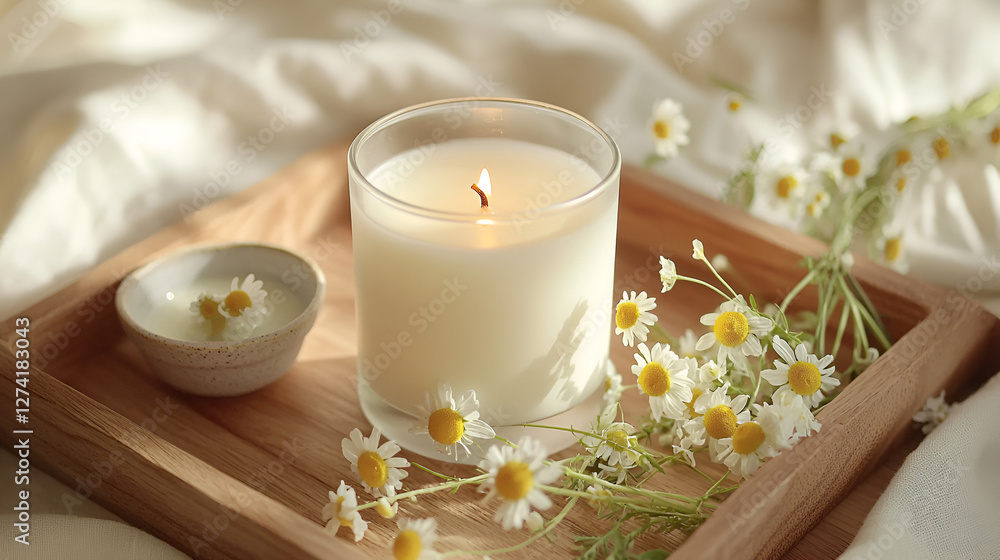 Cozy still life with a lit candle, small dish, and chamomile flowers on a wooden tray. Serene and calm. Cozy still life with a lit candle, small dish, and chamomile flowers on a wooden tray. Serene and calm.