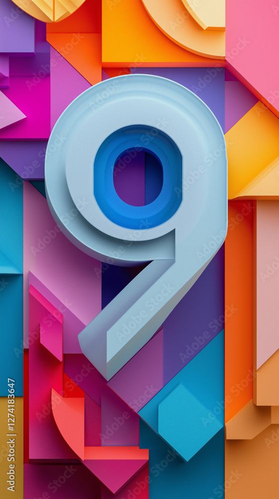 Number nine in colorful 3D shapes vertical