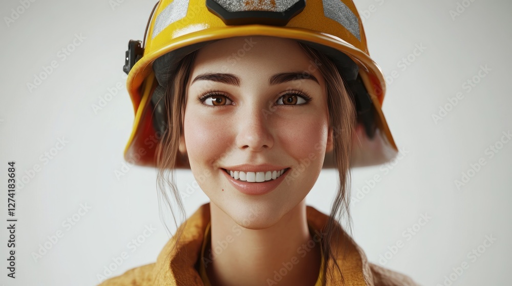 Smiling female firefighter portrait, safety, studio Smiling female firefighter portrait, safety, studio