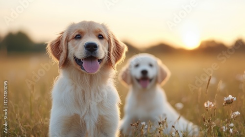 The image captures two adorable golden retrievers sitting side by side in a field, basking in the warm glow of the sunset, radiating happiness and companionship. photo