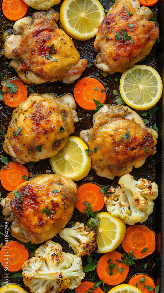 Vertical overhead chicken thighs with vegetables and lemon