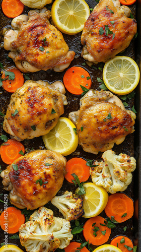 Obraz na płótnie Vertical overhead chicken thighs with vegetables and lemon w salonie