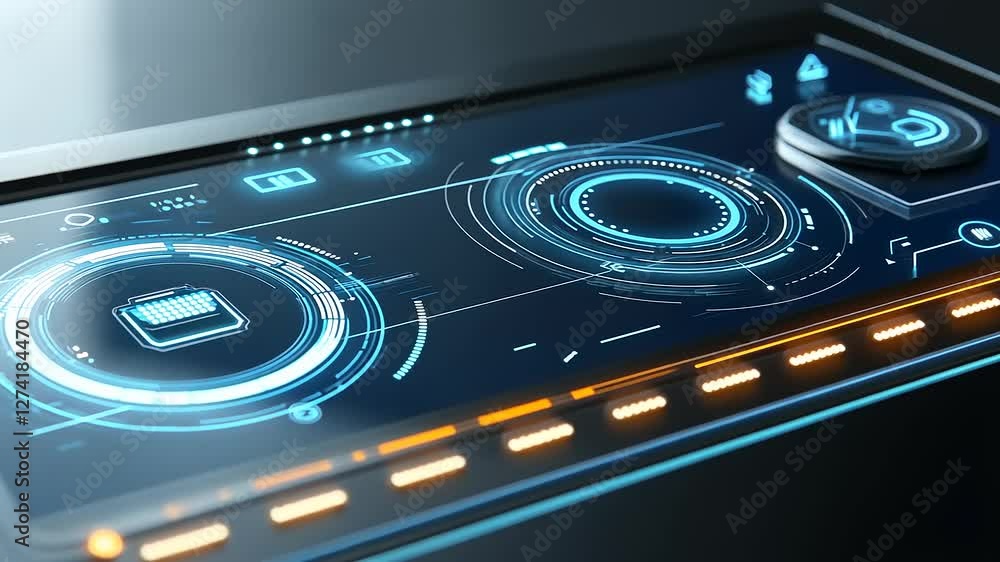 A futuristic control panel with glowing interfaces and circular displays. A futuristic control panel with glowing interfaces and circular displays.