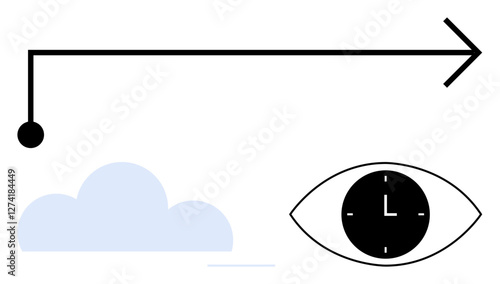 Black arrow with dot, eye with clock symbol, light blue cloud. Ideal for creativity, focus, time management, guidance, strategy, clarity abstract line flat metaphor