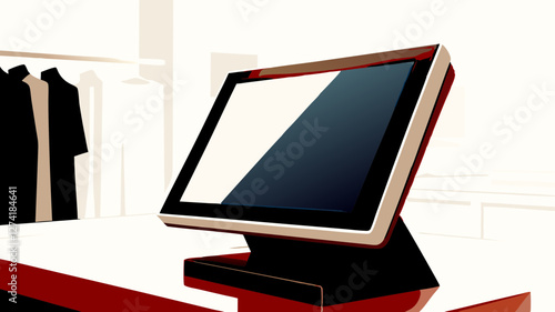 Modern point-of-sale terminal on retail counter in minimal vector style. Concept: cashier system, retail technology, digital checkout illustration.