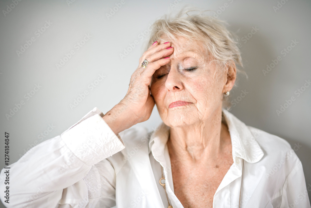 Beautiful senior woman in front of a white background look sad