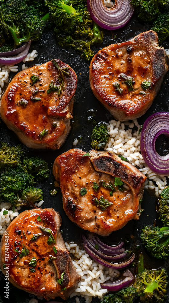 Pork chops one-pan dinner with broccoli and rice