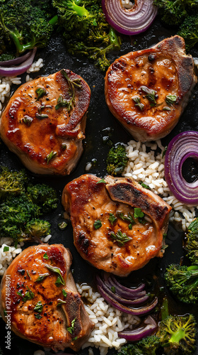 Obraz na płótnie Pork chops one-pan dinner with broccoli and rice w salonie