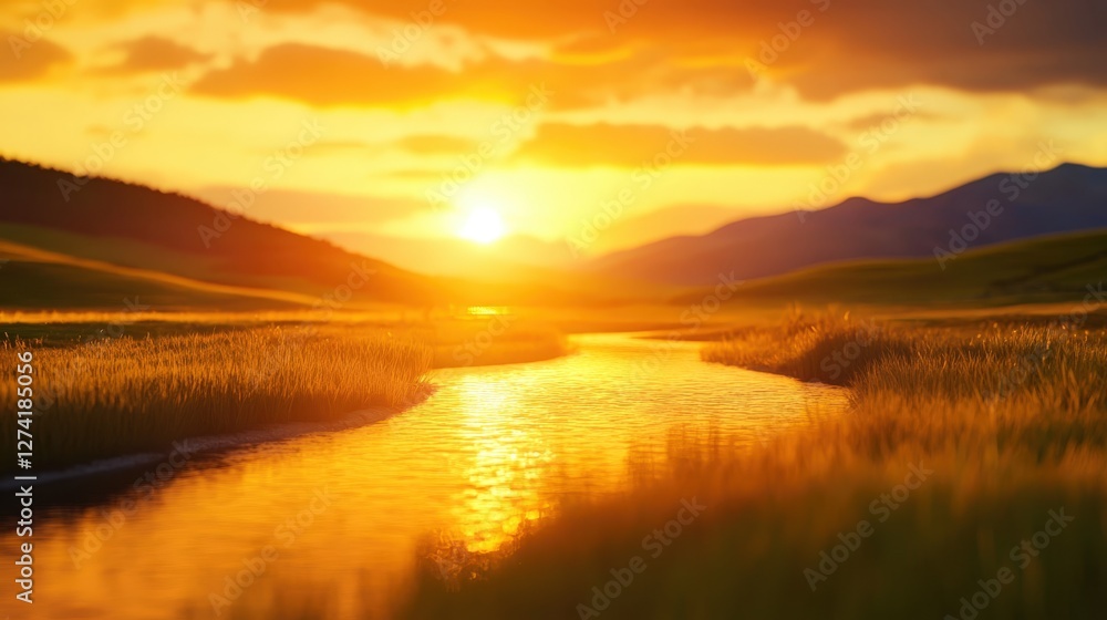 Obraz premium A tranquil sunset over a winding river, reflecting golden hues in the water. Lush green fields embrace the riverbank, enveloping the scene in a serene and relaxing ambiance.