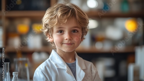 A young boy in a white lab coat, holding a test tube with a curious expression