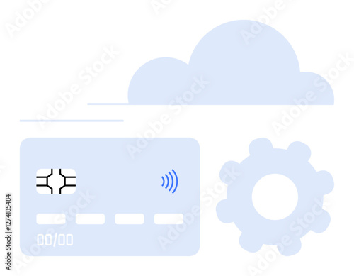 Credit card with wireless signal near a gear and cloud. Ideal for payments, fintech, banking systems, e-commerce, cloud security, app integration, abstract line flat metaphor