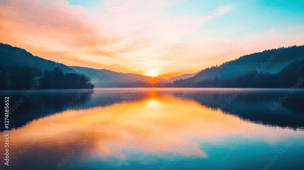 Fototapeta premium Serene sunset over a tranquil lake, reflecting vibrant colors and surrounding hills.