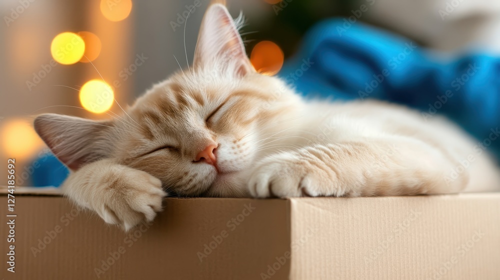 An adorable fluffy cat snoozing peacefully in a cardboard box, its soft fur gently illuminated by warm ambient light, creating a serene and homely vibe.