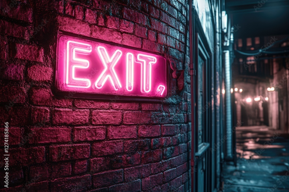 Pink neon 'EXIT' sign on a brick wall in a dark, narrow alleyway at night. Pink neon 'EXIT' sign on a brick wall in a dark, narrow alleyway at night.