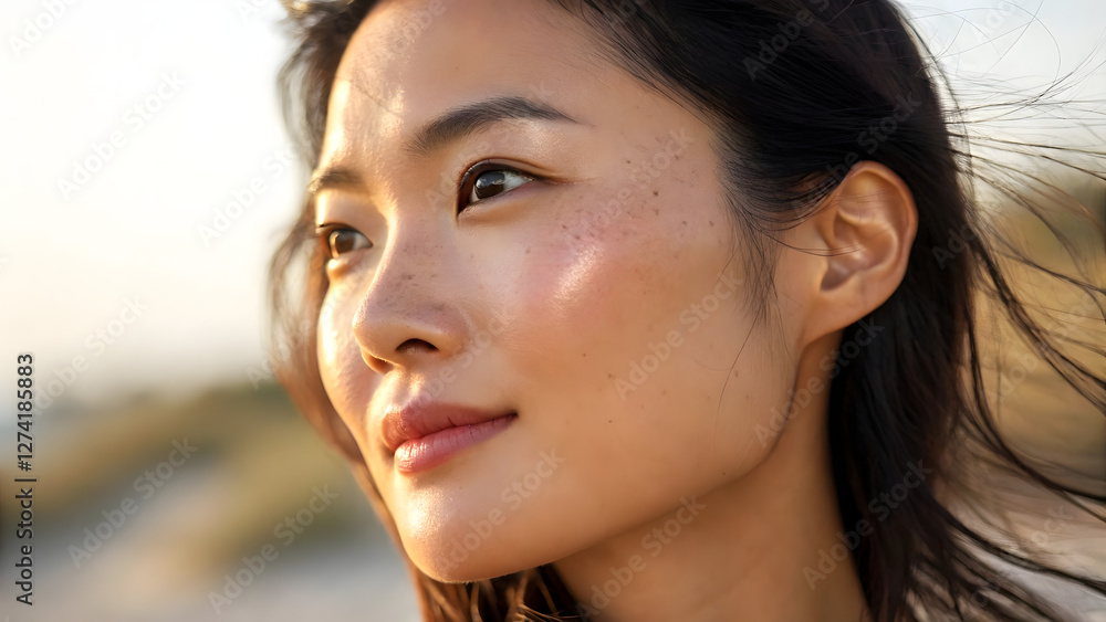 Contemplative woman on beach coastal serenity portrait photography natural light close-up inner peace Contemplative woman on beach coastal serenity portrait photography natural light close-up inner peace