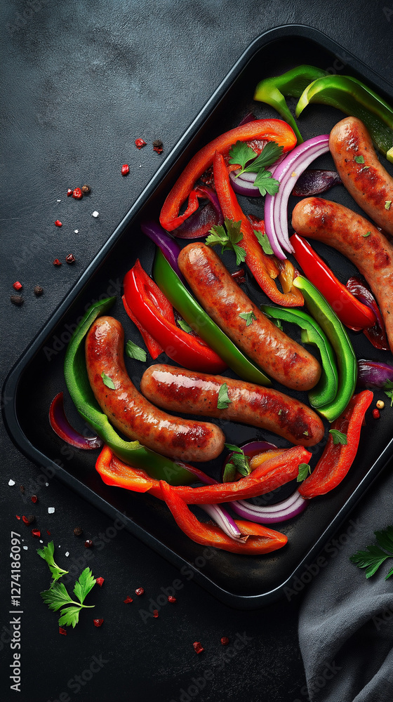Sheet pan meal of sausages, onions and peppers with text space
