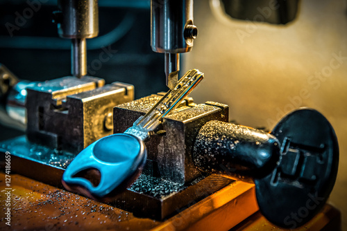 Professional key duplicate machine makes new key copy. Locksmith theme