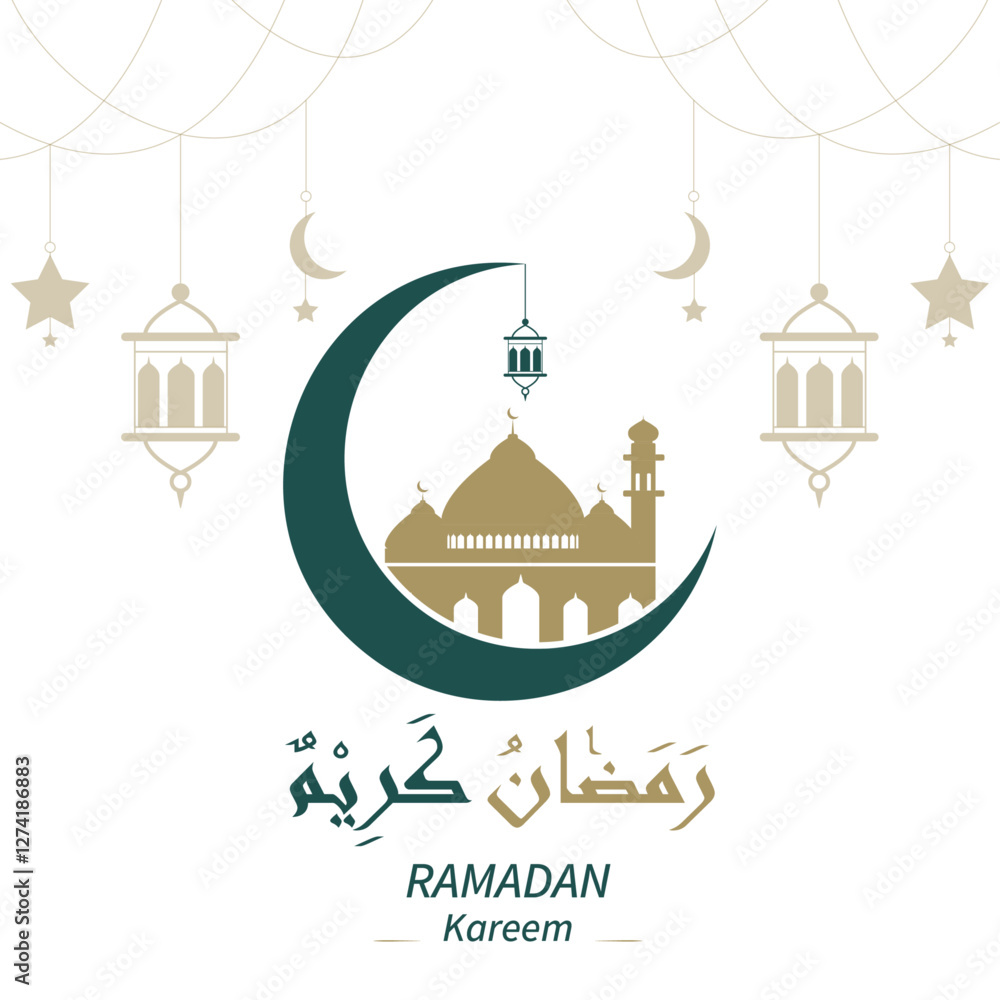 Fototapeta premium Ramadan Kareem Islamic banner design with Arabic style and arabian pattern background, eid mubarak, hari raya, eid fitr, eid adha, hajj, umrah