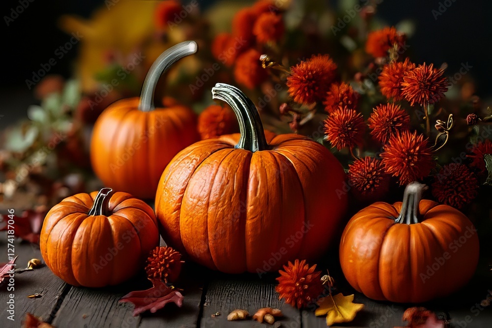 Autumn Pumpkins and Fall Decor on Dark Wooden Background Autumn Pumpkins and Fall Decor on Dark Wooden Background