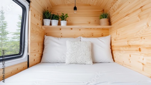 Interior of a minimalist camper van with a folddown bed and open shelving photo