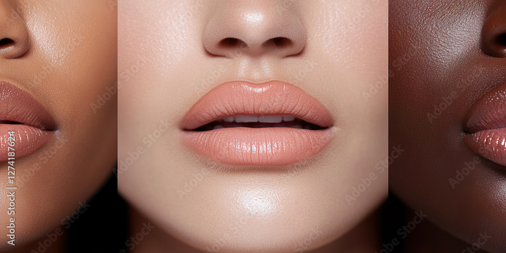 Close-up of Three Faces with Nude Lipstick and Diverse Skin Tones Close-up of Three Faces with Nude Lipstick and Diverse Skin Tones
