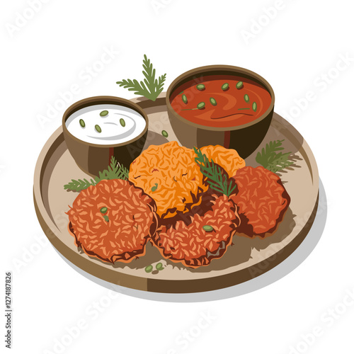 Crispy Indian Pakoras with Dipping Sauces – Vector Illustration
