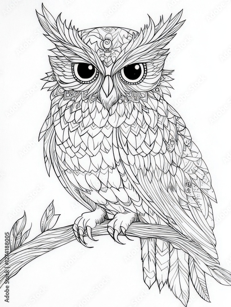 Fototapeta premium Intricate owl coloring page with detailed feather patterns