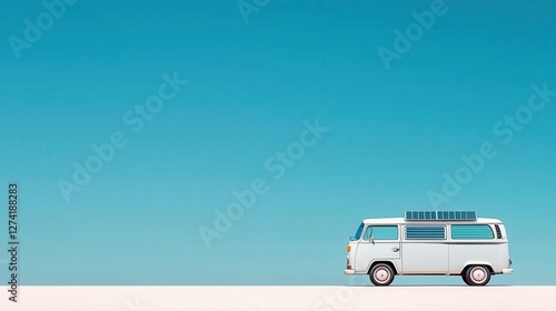 Camper van with minimalist decals and solar panels integrated into the roof photo