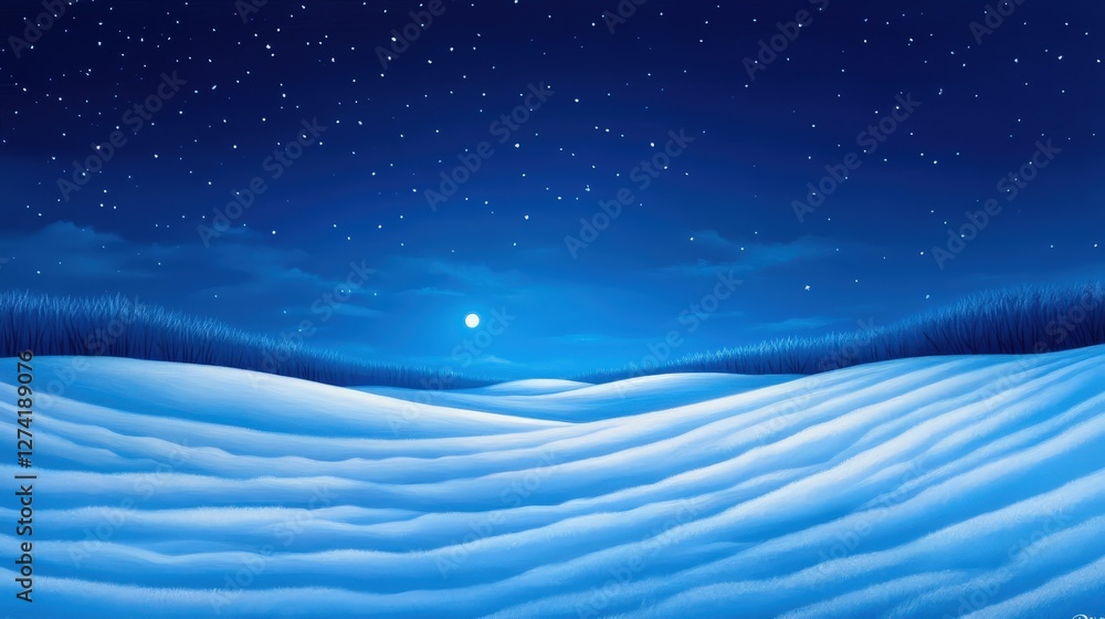 Fototapeta premium A serene winter landscape featuring gentle, rolling snow hills under a starry night sky. The cool tones of blue create a tranquil atmosphere, perfect for winter-themed projects.