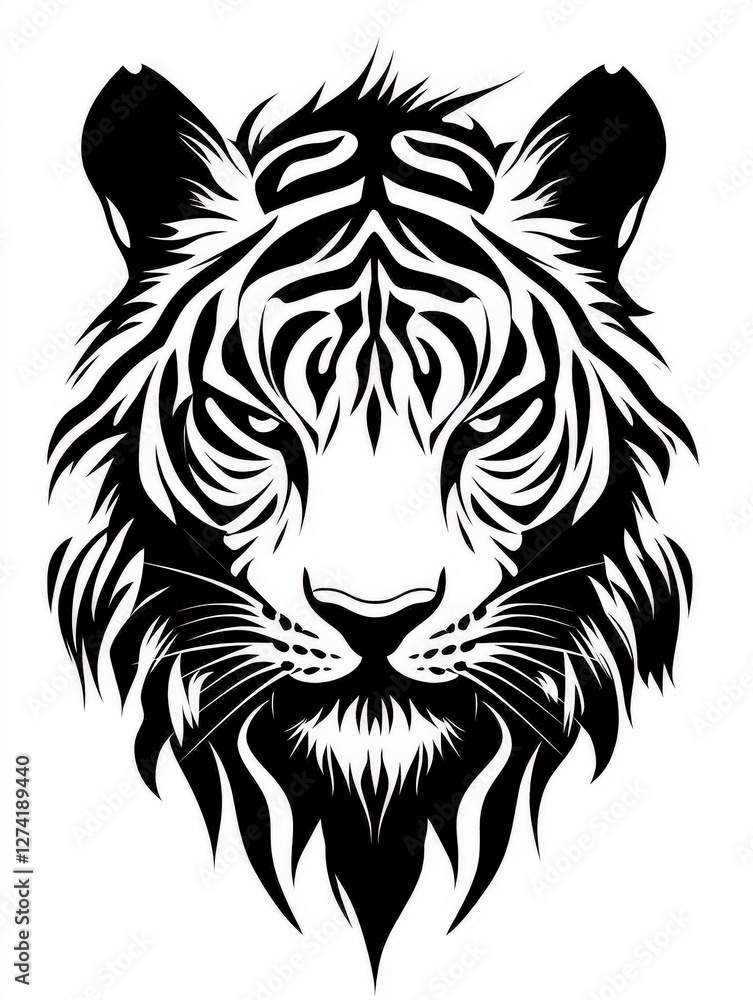 Fototapeta premium Intricate black and white tiger face design with bold patterns