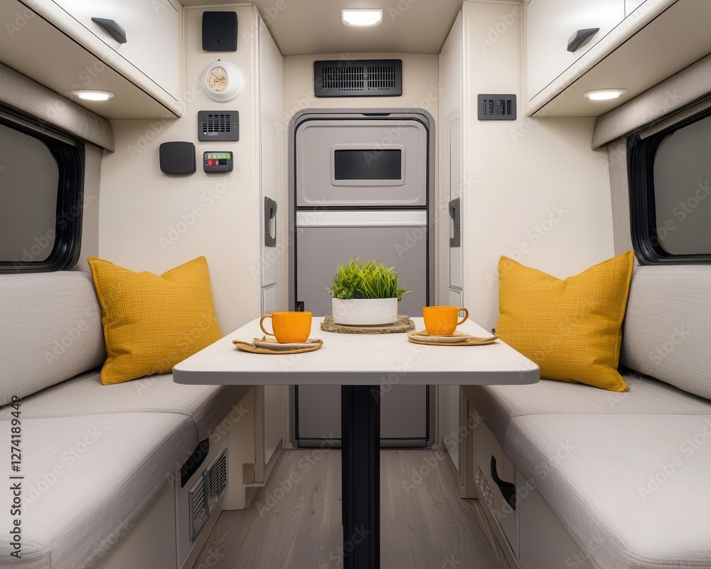 Fototapeta premium RV interior with a foldout table and hidden seating for spacesaving efficiency