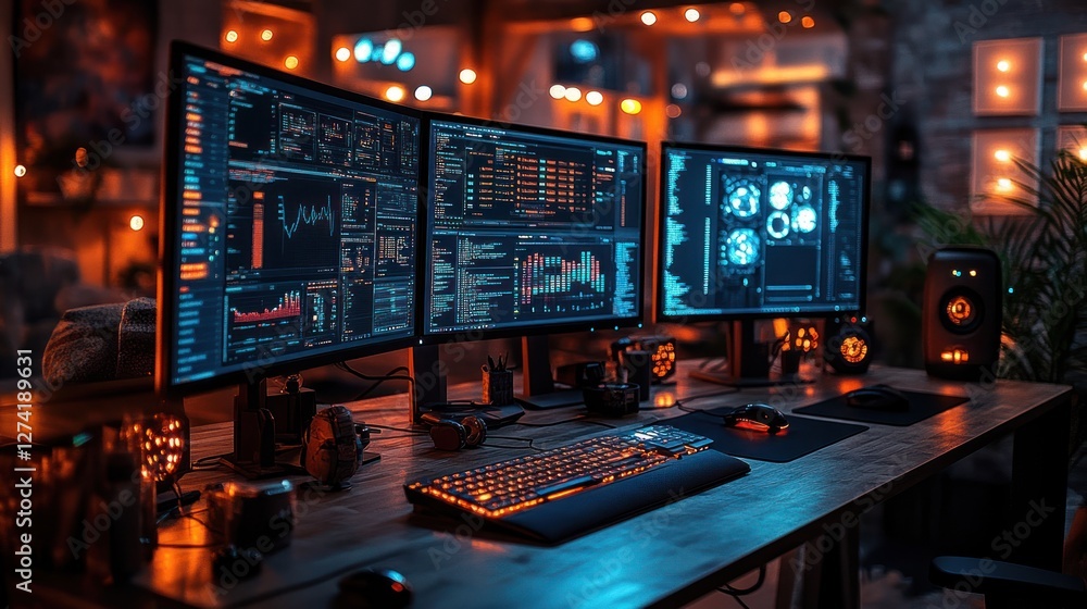 Cyberpunk Workstation: Triple Monitor Setup with Immersive Coding Environment Cyberpunk Workstation: Triple Monitor Setup with Immersive Coding Environment
