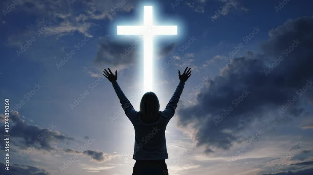 A dark outline reaches upward toward a glowing cross in the twilight sky. Concept of faithful surrender and profound gratitude. A dark outline reaches upward toward a glowing cross in the twilight sky. Concept of faithful surrender and profound gratitude.