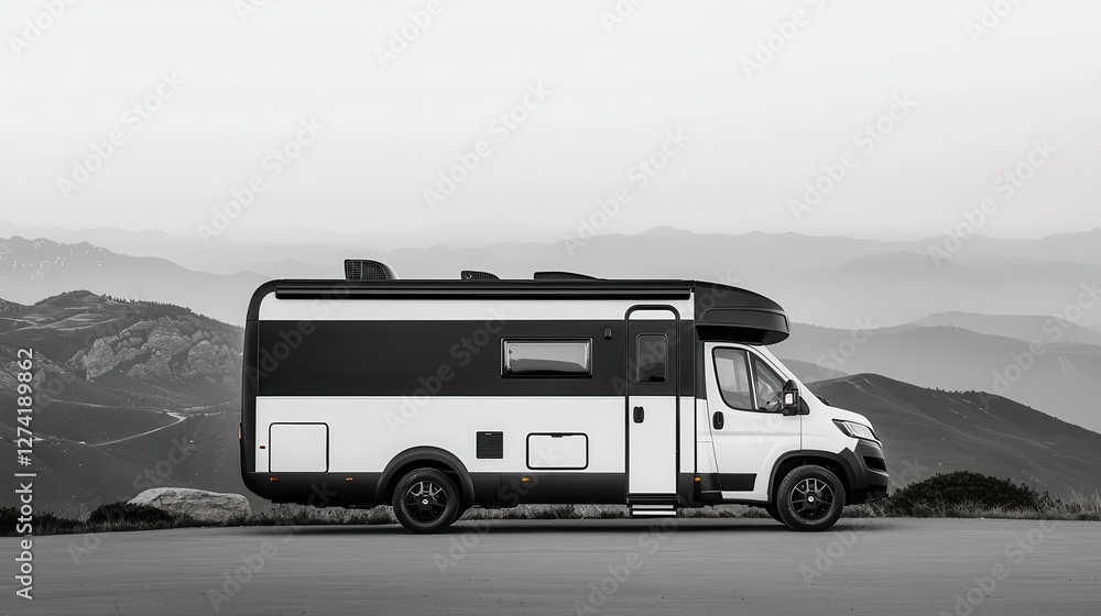 Fototapeta premium Modern RV with a sleek black and white design, parked at a mountain overlook