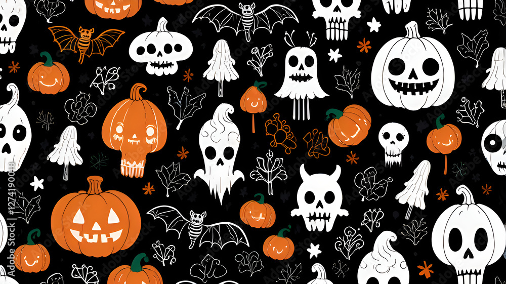 Seamless Halloween Pattern with Skulls, Bats, Ghosts, Pumpkins, and Bones Creepy Cute Halloween Pattern Seamless Halloween Pattern with Skulls, Bats, Ghosts, Pumpkins, and Bones Creepy Cute Halloween Pattern