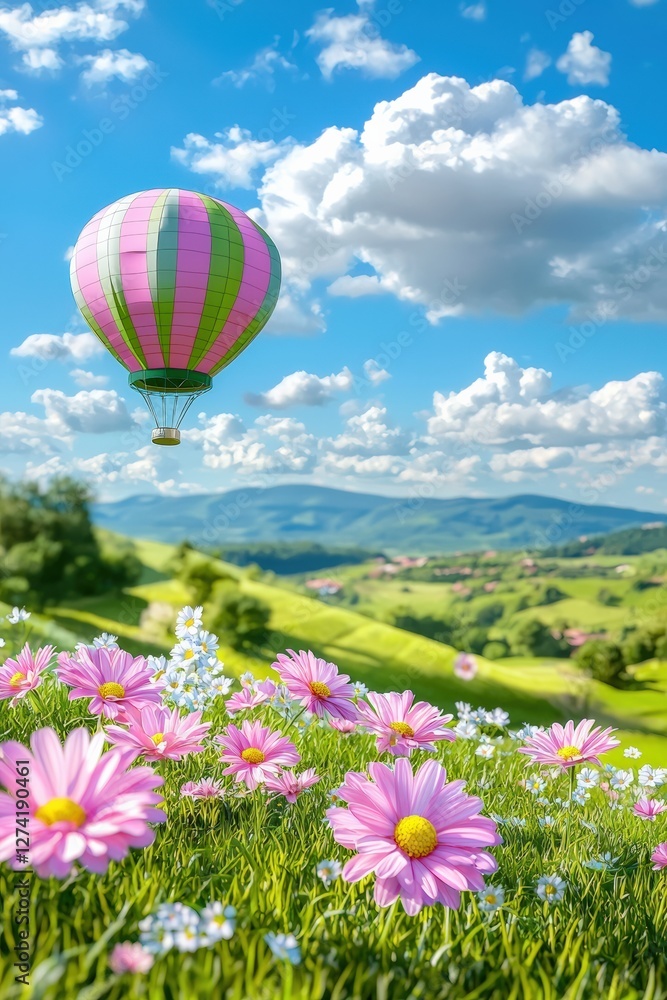 Naklejka premium Hot air balloon over pink daisy field in spring