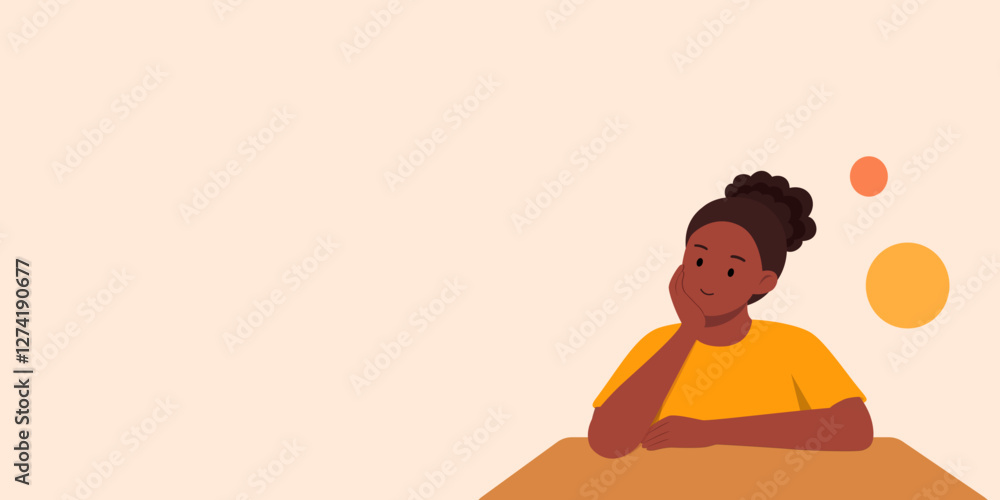 A girl is sitting at the table. The expression on his face was like he was thinking. He had curly brown hair tied back. A girl is sitting at the table. The expression on his face was like he was thinking. He had curly brown hair tied back.