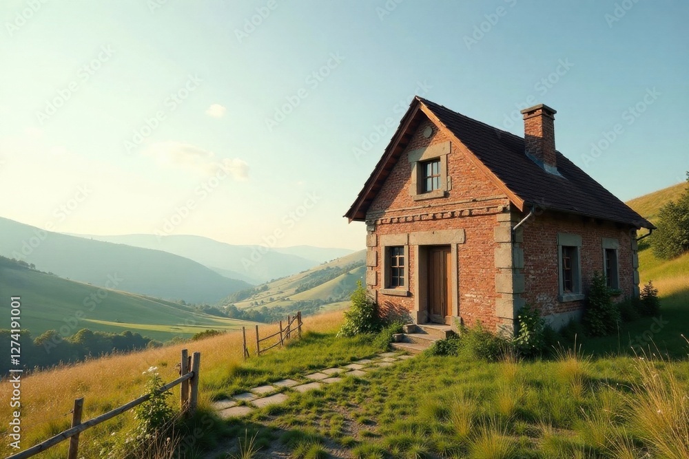 custom made wallpaper toronto digitalRustic Brick Cottage on a Hilltop Overlooking Rolling Green Meadows and Distant Mountains at Sunset