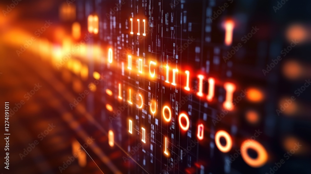 Naklejka premium An intricate depiction of a digital data stream, showcasing glowing binary code. Perfect for illustrating concepts of programming, cybersecurity, or the digital age.