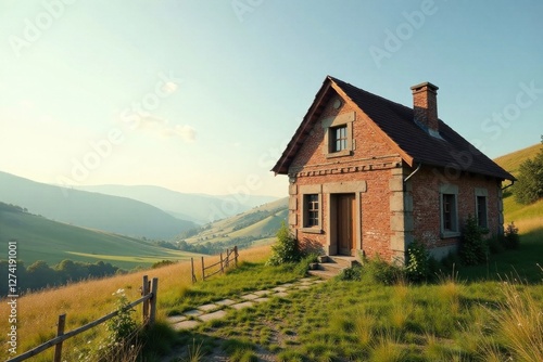 Wallpaper Mural Rustic Brick Cottage on a Hilltop Overlooking Rolling Green Meadows and Distant Mountains at Sunset Torontodigital.ca